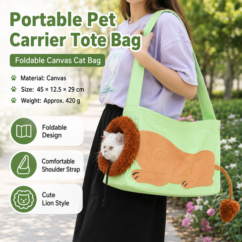 Lion Style Canvas Pet Carrier Green Bag（big size 45*12.5*29cm） - Adjustable Head Opening, Breathable Mesh, 8cm Wide Shoulder Strap, PE Support Base, Portable Crossbody Sling for Cats and Dogs, Travel Friendly Design In Australia - Darrahopens