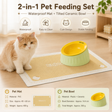Pet Feeding Set - 15 Degree Tilted Ceramic Yellow Bowl and Yellow Non-Slip PVC Mat, Detachable Design, Easy Clean Cat Dog Food Water Dish In Australia - Darrahopens