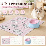 Pet Feeding Set - 15 Degree Tilted Ceramic Pink Bowl and Pink Non-Slip PVC Mat, Detachable Design, Easy Clean Cat Dog Food Water Dish In Australia - Darrahopens