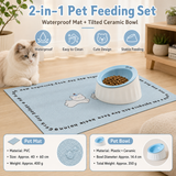 Pet Feeding Set - 15 Degree Tilted Ceramic Blue Bowl and Blue Non-Slip PVC Mat, Detachable Design, Easy Clean Cat Dog Food Water Dish In Australia - Darrahopens