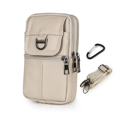 Beige Leather Belt Phone Pouch - Multi-Pocket Waist Bag with Shoulder Strap, Durable Zipper Closure for Work, Cycling & Daily Carry In Australia - Darrahopens