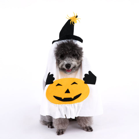 M Size Halloween Pumpkin Ghost Dog Costume - Polyester Pet Fancy Dress with Witch Hat and Spider Detail, Lightweight for Small Dogs and Cats