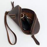 2pcs Retro Genuine Leather Key Pouch（Brown） -  12.5cm x 5cm - Dual Zipper, Wrist Strap, Belt Loop, Car and Home Key Organizer