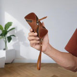 2pcs Retro Genuine Leather Key Pouch（Brown and Coffee-colored） -  12.5cm x 5cm - Dual Zipper, Wrist Strap, Belt Loop, Car and Home Key Organizer