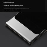 Grey Stainless Steel and PU Leather Business Card Holder -  95mm x 63mm - Magnetic Flip Cover, Velvet Lining, Professional Office Accessory