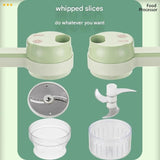 Green Multifunctional Electric Handheld Food Processor - ABS and PP with 201 Stainless Steel Blade - Rechargeable Vegetable Chopper Slicer Garlic Mincer with Cleaning Brush for Kitchen Prep