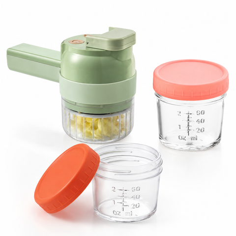 Seasoning Preparation and Storage Set-Green Electric Handheld Food Processor With Orange lid and Pink lid 4oz Glass  Storage Jars - USB-C Charging - Multi-Function Chopper, Slicer and Cleaning Brush Set for Garlic Vegetables