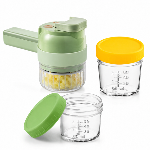 Seasoning Preparation and Storage Set-Green Electric Handheld Food Processor With Green lid and Yellow lid 4oz Glass  Storage Jars - USB-C Charging - Multi-Function Chopper, Slicer and Cleaning Brush Set for Garlic Vegetables
