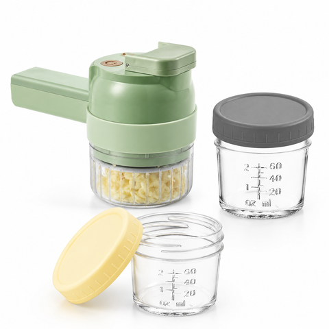 Seasoning Preparation and Storage Set-Green Electric Handheld Food Processor With Grey lid and Beige lid 4oz Glass  Storage Jars - USB-C Charging - Multi-Function Chopper, Slicer and Cleaning Brush Set for Garlic Vegetables