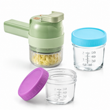 Seasoning Preparation and Storage Set-Green Electric Handheld Food Processor With Light Blue lid and Purple lid 4oz Glass  Storage Jars - USB-C Charging - Multi-Function Chopper, Slicer and Cleaning Brush Set for Garlic Vegetables