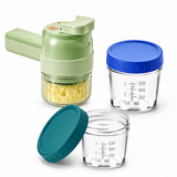 Seasoning Preparation and Storage Set-Green Electric Handheld Food Processor With Dark Blue lid and Dark Green lid 4oz Glass  Storage Jars - USB-C Charging - Multi-Function Chopper, Slicer and Cleaning Brush Set for Garlic Vegetables