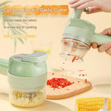 Seasoning Preparation and Storage Set-Green Electric Handheld Food Processor With Dark Blue lid and Dark Green lid 4oz Glass  Storage Jars - USB-C Charging - Multi-Function Chopper, Slicer and Cleaning Brush Set for Garlic Vegetables