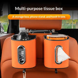 Brown Multifunctional Car Seat Back Tissue Box - ABS and Faux Leather - Phone Holder, Cup Holder, Storage Bin,  Universal Fit for Most Vehicles