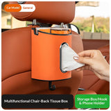 Orange Multifunctional Car Seat Back Tissue Box - ABS and Faux Leather - Phone Holder, Cup Holder, Storage Bin,  Universal Fit for Most Vehicles