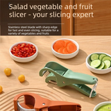 Green Multifunctional Fruit and Vegetable Slicer - Stainless Steel Blades, ABS Handle - One-Press Uniform Slicing for Banana, Cucumber, Ham, Kitchen Prep Tool with Hanging Hook