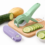 Home Fruit & Vegetable Peeling and Slicing Prep Set-Purple Folding Peeler and Green Fruit Slicer - Portable Stainless Steel Kitchen Tools for Camping, Home Use, and Travel