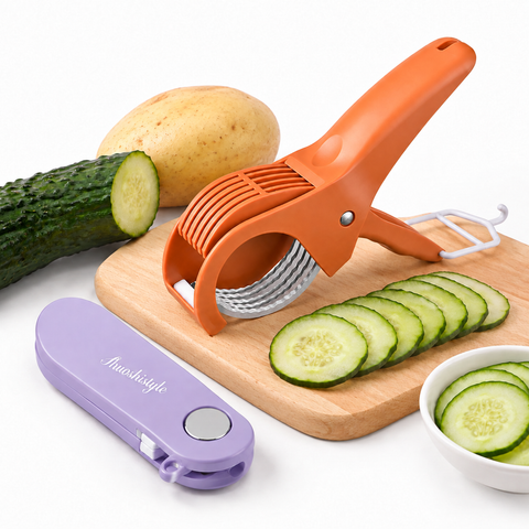 Home Fruit & Vegetable Peeling and Slicing Prep Set-Purple Folding Peeler and Red Fruit Slicer - Portable Stainless Steel Kitchen Tools for Camping, Home Use, and Travel