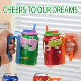 Blue Soda Can Lid and Handle Holder Set - Anti-Overflow Plastic Cover with Straw and Suction Cup Grip for 12oz Cans, Portable Drink Accessory for Parties and Travel