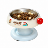 White and Blue Elevated Pet Food Bowl - Stainless Steel Insert, Non-Slip Base, Wide Mouth Design, Ergonomic Neck Protection for Cats and Small Dogs
