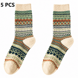 5-pcs Apricot Retro Ethnic Mid-Calf Socks for Women - Soft Cotton Blend, Seamless Toe, Non-Slip Heel, High Elastic Cuff, Versatile Autumn Winter Fashion Accessory In Australia - Darrahopens