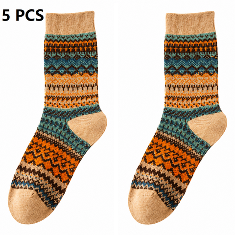 5-pcs Khaki Retro Ethnic Mid-Calf Socks for Women - Soft Cotton Blend, Seamless Toe, Non-Slip Heel, High Elastic Cuff, Versatile Autumn Winter Fashion Accessory In Australia - Darrahopens