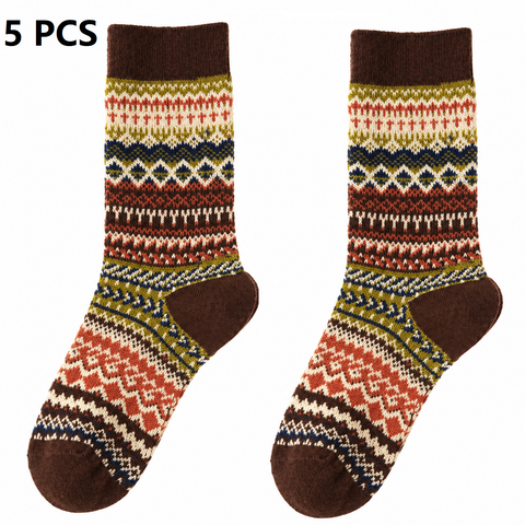 5-pcs Coffee Retro Ethnic Mid-Calf Socks for Women - Soft Cotton Blend, Seamless Toe, Non-Slip Heel, High Elastic Cuff, Versatile Autumn Winter Fashion Accessory In Australia - Darrahopens