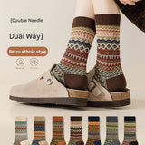 5-pcs Dark gray Retro Ethnic Mid-Calf Socks for Women - Soft Cotton Blend, Seamless Toe, Non-Slip Heel, High Elastic Cuff, Versatile Autumn Winter Fashion Accessory