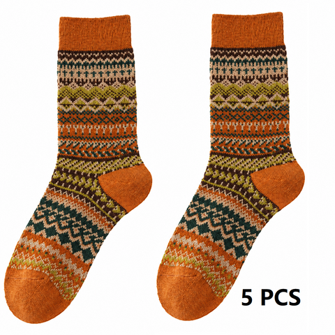 5-pcs Orange-red Retro Ethnic Mid-Calf Socks for Women - Soft Cotton Blend, Seamless Toe, Non-Slip Heel, High Elastic Cuff, Versatile Autumn Winter Fashion Accessory In Australia - Darrahopens