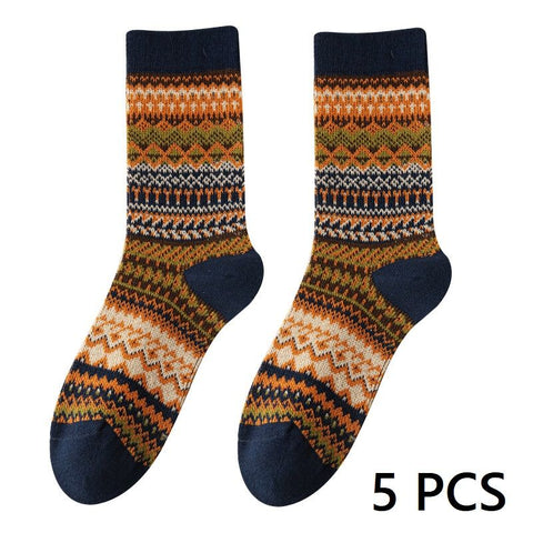 5-pcs Navy blue Retro Ethnic Mid-Calf Socks for Women - Soft Cotton Blend, Seamless Toe, Non-Slip Heel, High Elastic Cuff, Versatile Autumn Winter Fashion Accessory In Australia - Darrahopens