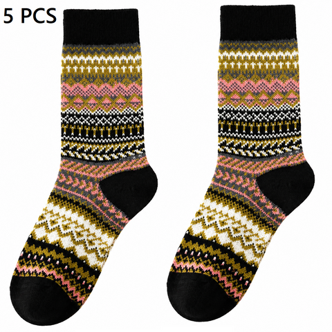 5-pcs Black Retro Ethnic Mid-Calf Socks for Women - Soft Cotton Blend, Seamless Toe, Non-Slip Heel, High Elastic Cuff, Versatile Autumn Winter Fashion Accessory In Australia - Darrahopens