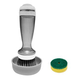 Grey Liquid Dispensing Kitchen Brush - 120ml Handle Reservoir, Replaceable Bristle and Sponge Heads, Ergonomic Long Handle for Pots Pans and Countertops In Australia - Darrahopens