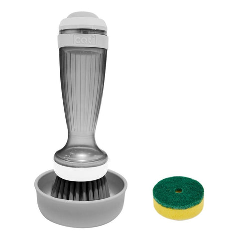 Grey Liquid Dispensing Kitchen Brush - 120ml Handle Reservoir, Replaceable Bristle and Sponge Heads, Ergonomic Long Handle for Pots Pans and Countertops In Australia - Darrahopens