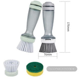 Grey Liquid Dispensing Kitchen Brush - 120ml Handle Reservoir, Replaceable Bristle and Sponge Heads, Ergonomic Long Handle for Pots Pans and Countertops