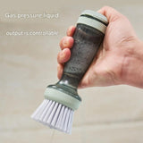 Green Liquid Dispensing Kitchen Brush - 120ml Handle Reservoir, Replaceable Bristle and Sponge Heads, Ergonomic Long Handle for Pots Pans and Countertops