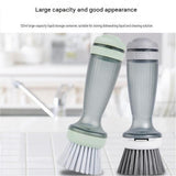 Green Liquid Dispensing Kitchen Brush - 120ml Handle Reservoir, Replaceable Bristle and Sponge Heads, Ergonomic Long Handle for Pots Pans and Countertops