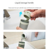 Green Liquid Dispensing Kitchen Brush - 120ml Handle Reservoir, Replaceable Bristle and Sponge Heads, Ergonomic Long Handle for Pots Pans and Countertops