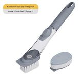 Grey Long Handle Liquid Dispensing Dish Brush（1 brush head+1 sponge brush head） - TPR and PP Construction - Press Button Soap Release,  Non Slip Grip, Kitchen Pot Pan Sink Cleaning Tool