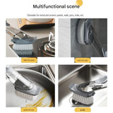 Grey Long Handle Liquid Dispensing Dish Brush（1 brush head+1 sponge brush head） - TPR and PP Construction - Press Button Soap Release,  Non Slip Grip, Kitchen Pot Pan Sink Cleaning Tool