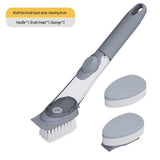 Grey Long Handle Liquid Dispensing Dish Brush（1 brush head+ 2sponge brush head） - TPR and PP Construction - Press Button Soap Release,  Non Slip Grip, Kitchen Pot Pan Sink Cleaning Tool In Australia - Darrahopens