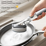 Grey Long Handle Liquid Dispensing Dish Brush（1 brush head+ 2sponge brush head） - TPR and PP Construction - Press Button Soap Release,  Non Slip Grip, Kitchen Pot Pan Sink Cleaning Tool