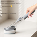 Grey Long Handle Liquid Dispensing Dish Brush（1 brush head+ 2sponge brush head） - TPR and PP Construction - Press Button Soap Release,  Non Slip Grip, Kitchen Pot Pan Sink Cleaning Tool