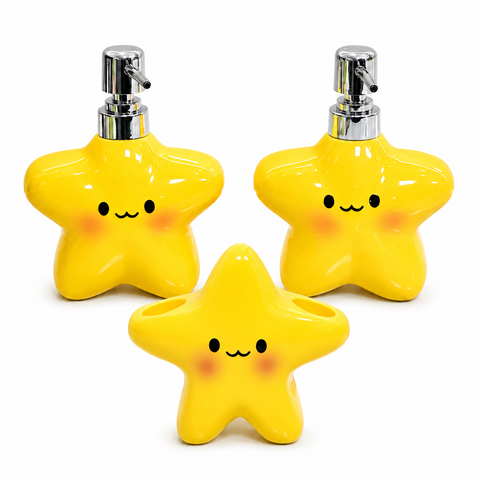 Star Electric Toothbrush Holder and Ceramic Lotion Bottle Set - Yellow Plastic Toothbrush Organizer with Dual Slots, 400ml Ceramic Pump Dispenser for Bathroom Countertop, Space Saving Home Decor In Australia - Darrahopens