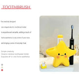 Star Electric Toothbrush Holder and Ceramic Lotion Bottle Set - Yellow Plastic Toothbrush Organizer with Dual Slots, 400ml Ceramic Pump Dispenser for Bathroom Countertop, Space Saving Home Decor In Australia - Darrahopens