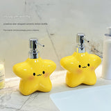 Star Electric Toothbrush Holder and Ceramic Lotion Bottle Set - Yellow Plastic Toothbrush Organizer with Dual Slots, 400ml Ceramic Pump Dispenser for Bathroom Countertop, Space Saving Home Decor