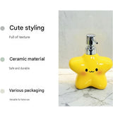Star Electric Toothbrush Holder and Ceramic Lotion Bottle Set - Yellow Plastic Toothbrush Organizer with Dual Slots, 400ml Ceramic Pump Dispenser for Bathroom Countertop, Space Saving Home Decor