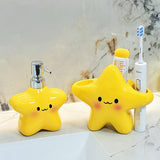 Star Electric Toothbrush Holder and Ceramic Lotion Bottle Set - Yellow Plastic Toothbrush Organizer with Dual Slots, 400ml Ceramic Pump Dispenser for Bathroom Countertop, Space Saving Home Decor