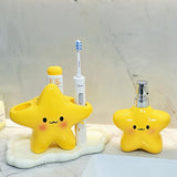Star Electric Toothbrush Holder and Ceramic Lotion Bottle Set - Yellow Plastic Toothbrush Organizer with Dual Slots, 400ml Ceramic Pump Dispenser for Bathroom Countertop, Space Saving Home Decor