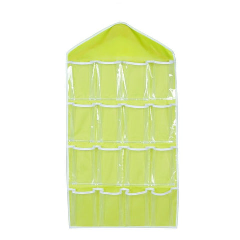 Green 16 Pocket Hanging Wardrobe Organizer - Clear PE and Polyester Storage Bag with 16 Visible Compartments, Space Saving Over Door or Closet Hanger for Socks Underwear Accessories, Foldable Home Tidy Solution