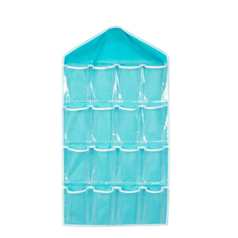 Blue 16 Pocket Hanging Wardrobe Organizer - Clear PE and Polyester Storage Bag with 16 Visible Compartments, Space Saving Over Door or Closet Hanger for Socks Underwear Accessories, Foldable Home Tidy Solution