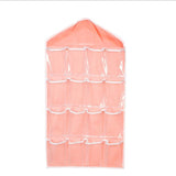 Pink 16 Pocket Hanging Wardrobe Organizer - Clear PE and Polyester Storage Bag with 16 Visible Compartments, Space Saving Over Door or Closet Hanger for Socks Underwear Accessories, Foldable Home Tidy Solution